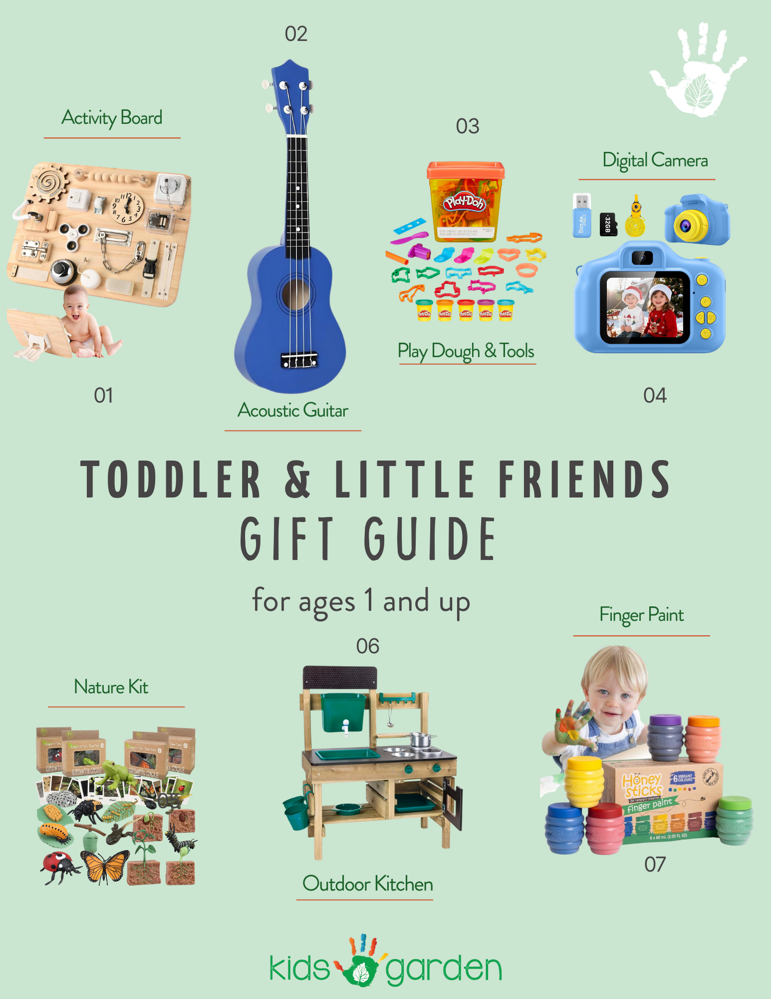 An image of mulitple gifts in Kids Garden Houston toddler and little friends gift guide.